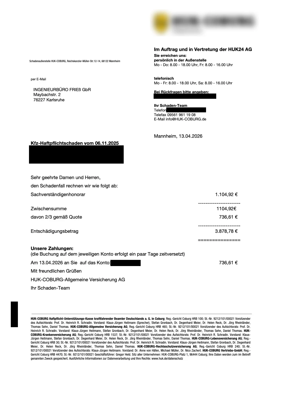 Abrechnungsschreiben der Versicherung vom 13.04.2026 über das Sachverständigenhonorar, personenbezogene Angaben geschwärzt