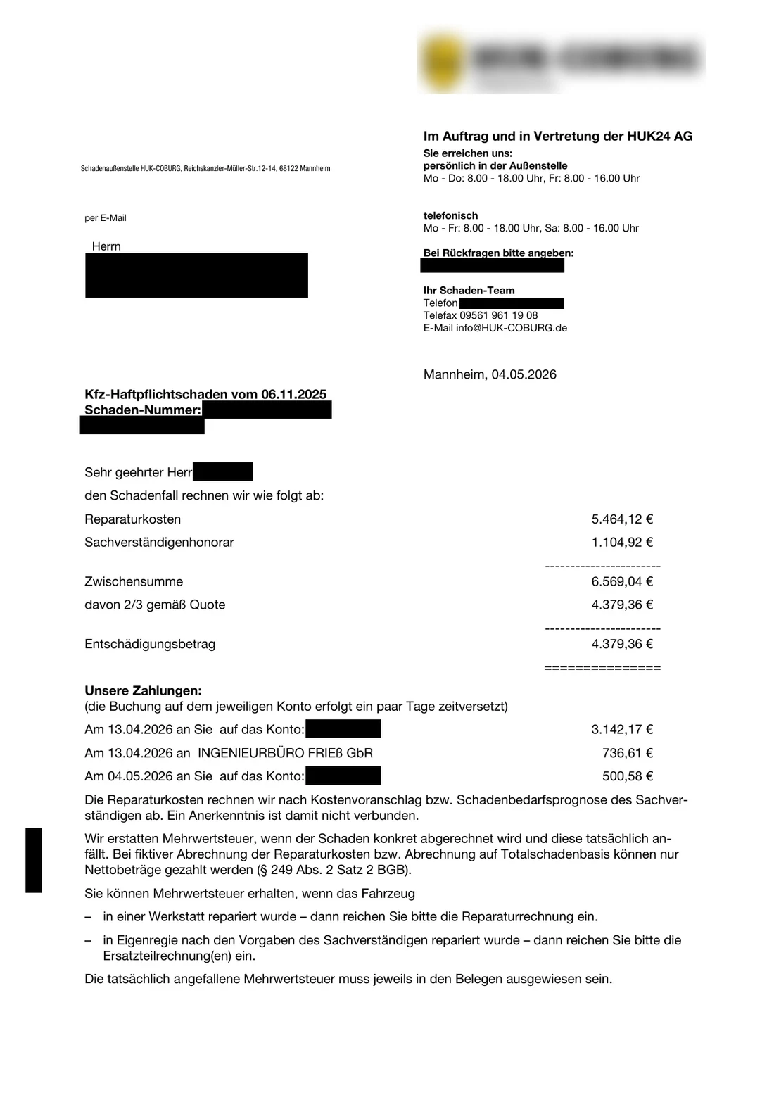 Abrechnungsschreiben der Versicherung vom 04.05.2026 mit den korrigierten Reparaturkosten und der Nachzahlung, personenbezogene Angaben geschwärzt
