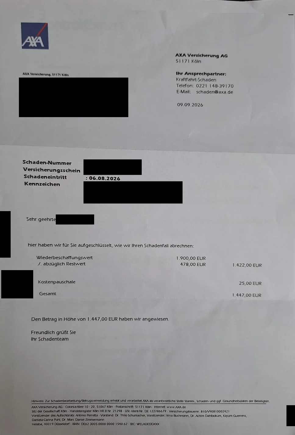 Abrechnungsschreiben der AXA vom 9. September 2026, personenbezogene Angaben geschwärzt