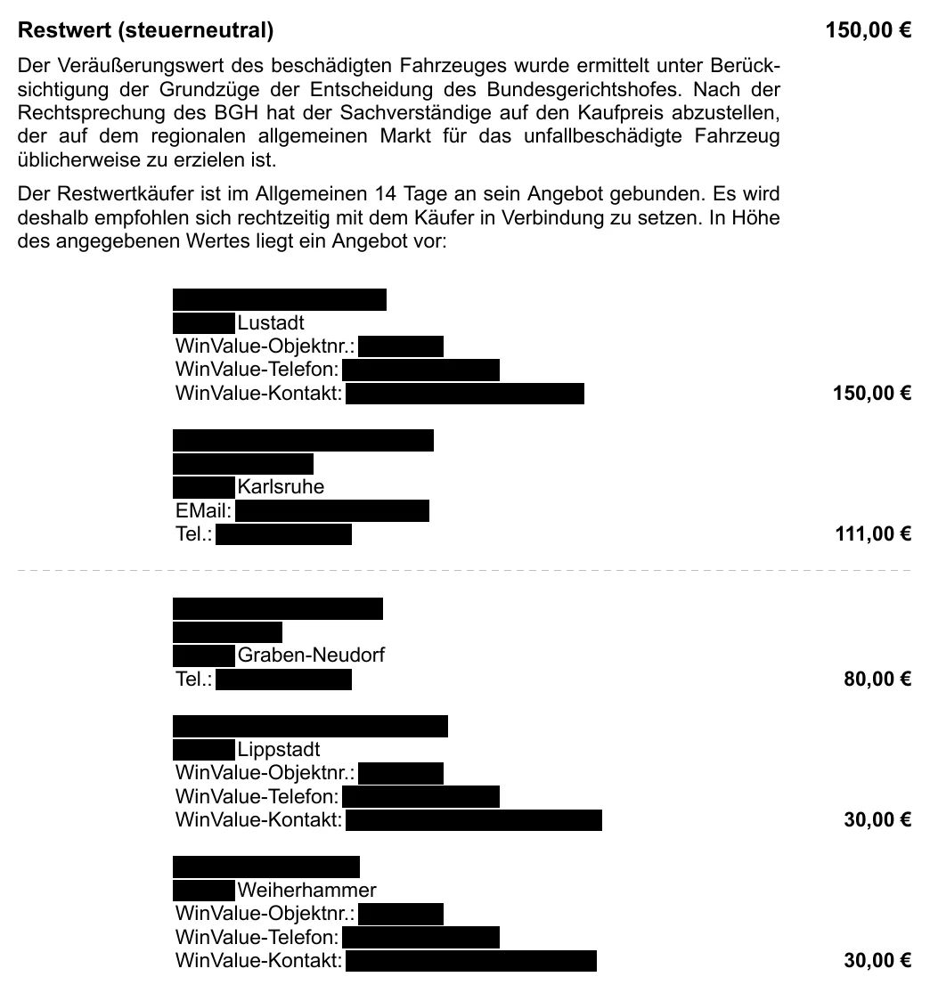 Restwerttabelle aus dem Gutachten mit fünf Kaufangeboten, Bieter geschwärzt