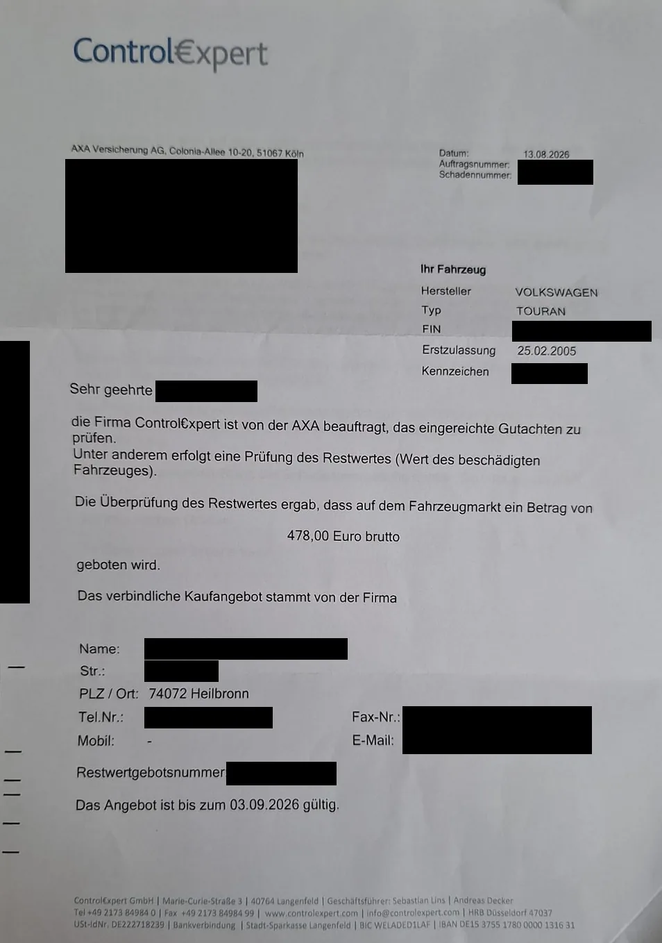 Restwertangebot von ControlExpert über 478 Euro, personenbezogene Angaben geschwärzt