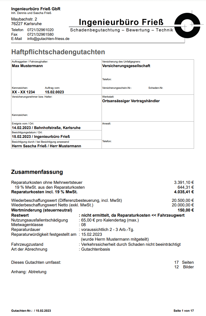 Beispiel-Gutachten von Ingenieurbüro Frieß