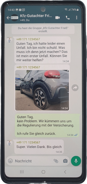 WhatsApp-Chat-Beispiel mit dem Kfz-Gutachter auf einem Smartphone